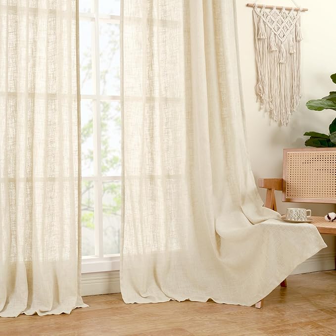 LAMIT Short Window Linen Curtains 36 Inch Length 2 Panels, Beige Light Filtering Panels Back Tab and Rod Pocket Neutral Drapes for Bathroom/Loft Room, 34 x 36 Inch