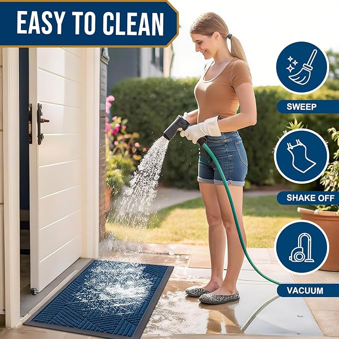 Smiry Front Door Mat Outside Entrance, Heavy Duty Sturdy Natural Rubber Doormat, Trap Dirt and Moisture, Easy Clean Low Profile Mats for Indoor Outdoor Entry, Irregular Triangle (29.5x17, Medium Blue)