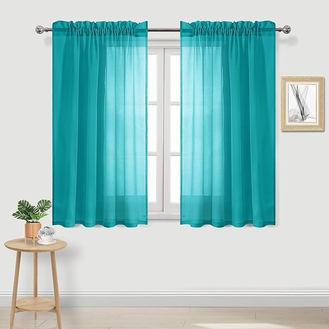 DWCN Turquoise Sheer Curtains Semi Transparent Voile Rod Pocket Curtains for Bedroom and Living Room, 52 x 45 inches Long, Set of 2 Panels