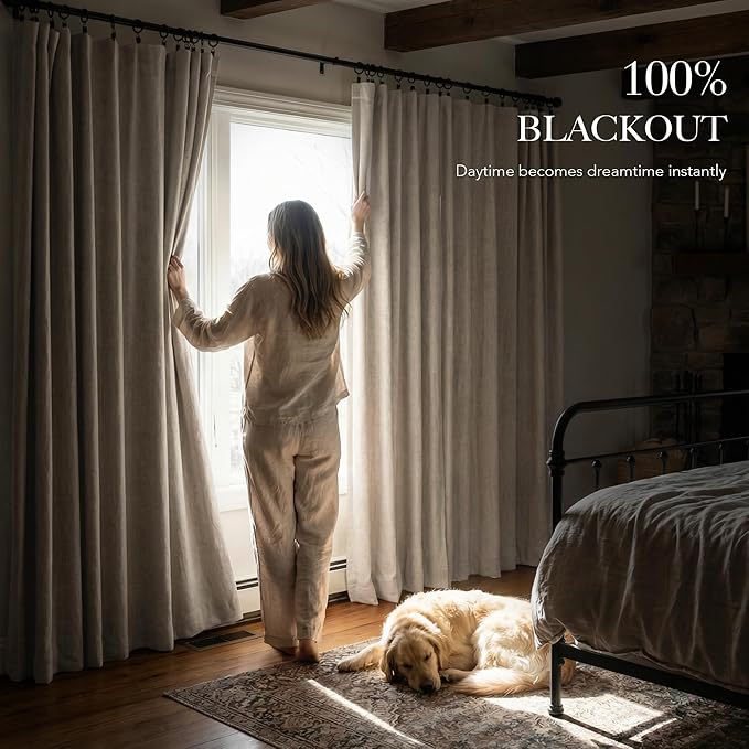 RYB HOME Natural Beige 100% Blackout Linen Curtains for Bedroom/Living Room 120 inches Long 52 Width, Thick Elegant Extra Long Drapes for Modern/Farmhouse Home Style, 2 Panels