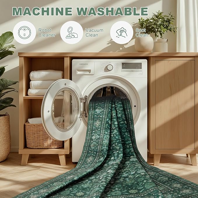 Area Rugs 10x14 Living Room Rug: Washable Rug Soft Vintage Distressed Floral Carpet Indoor Non-Slip Stain Resistant Large Carpets for Bedroom Dining Room Farmhouse Nursery Home Office Deep Green