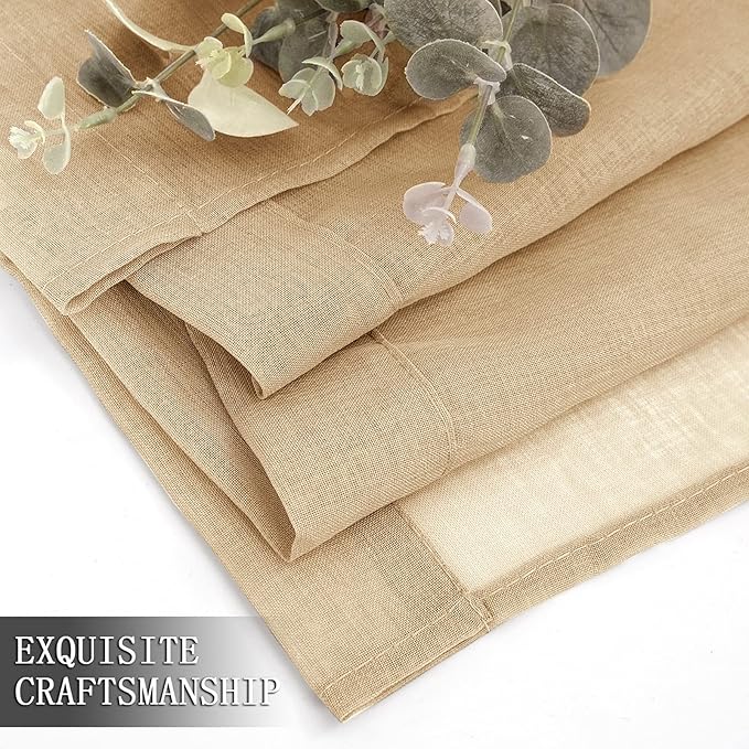 Tollpiz Sheer Tier Curtain Linen Textured Half Kitchen Curtains Sheer Light Filtering Rod Pocket Voile Small Curtains for Bathroom, 25 x 36 inches Long, Beige, Set of 2 Panels
