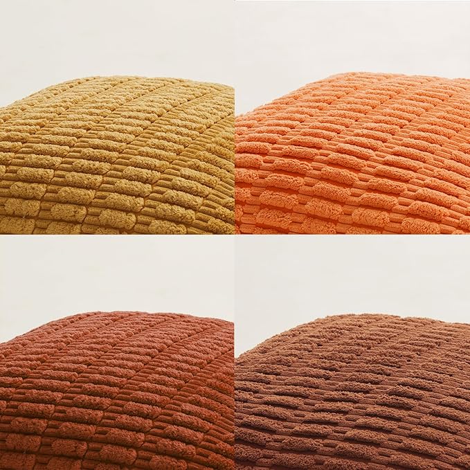 Fancy Homi Set of 4 Burnt Orange Fall Decorative Throw Pillow Covers 16x16 Inch for Couch Bed Chair, Modern Farmhouse Boho Room Decor, Soft Fuzzy Corduroy Textured Striped Cushion Case 40cm