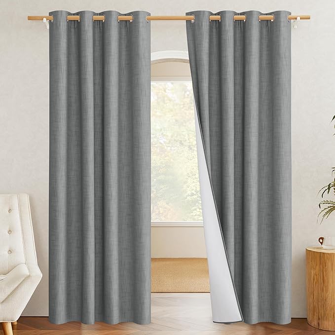 NICETOWN 100% Absolutely Blackout Linen Curtains with Thermal Insulated White Liner, Dove Grey, 52" W x 48" L, Set of 2, Burlap Textured Textured Linen Look Privacy Window Treatment for Kitchen