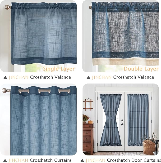 jinchan Linen Valance for Farmhouse Living Room Windows 16 Inch Slubbed Crossed Double Layer Window Valance Light Filtering Rustic Country Overlay Rod Pocket 1 Panel Navy Blue