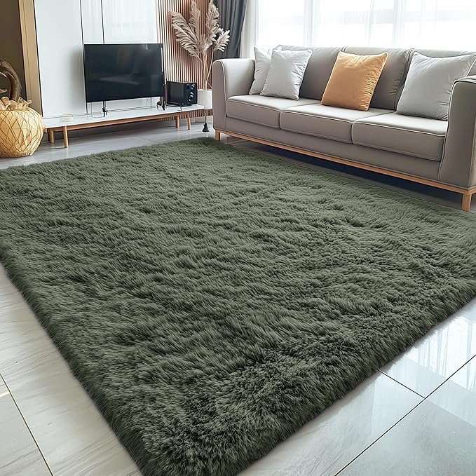 OLANLY 5x7 Machine Washable Large Area Rugs for Living Room, Bedroom, Soft Fluffy Shaggy Bedside Rug, Indoor Floor Carpet for Kids Girls and Boys, Dorms, Nursery, Home Decor Aesthetic, Olive Green