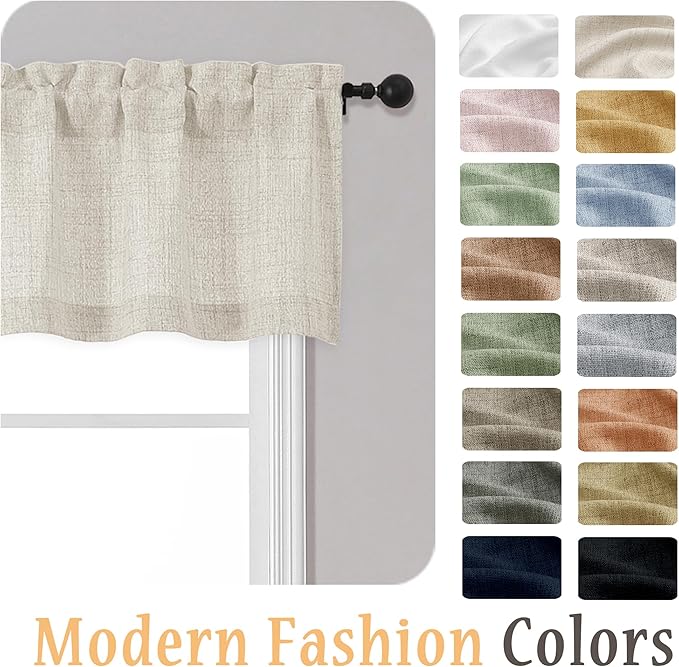 OWENIE Natural Valances for Windows 1 Pcs, Light Filtering Textured Farmhouse Short Small Valance Curtains for Bathroom Basement Living Room Bedroom, Rod Pocket Half Curtains for Windows, 52Wx12L Inch