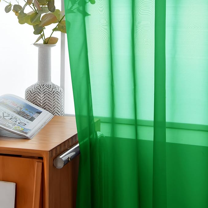 youleyar Solid Sheer Rod Pocket Curtain Voile Draperies 2 Panels White Beige Black Grey Coffee 52 Inch Width 90 Inch Long 1 Pair for Kitchen Bedroom Children Living Room Yard (Green,52Wｘ90L)