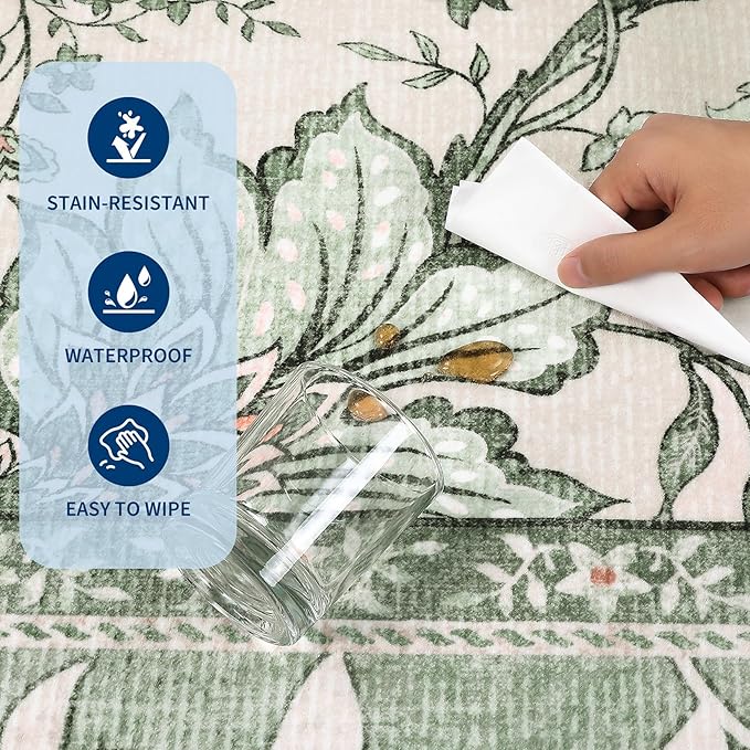 GarveeHome Provence Sage Green 3x5 Rug Washable Non-Slip Low-Pile Indoor Rugs for Entryway Botanical Grove Vintage Boho Cottage Throw Carpet for Kitchen Bedroom Living Room Bathroom Mat