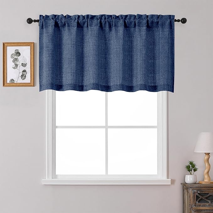 OWENIE Navy Blue Valances for Windows 1 Pcs 24 Inch Length, Light Filtering Textured Short Small Valance Curtains for Bathroom Basement Living Room, Half Window Curtains Over Sink, 60" W by 24" L