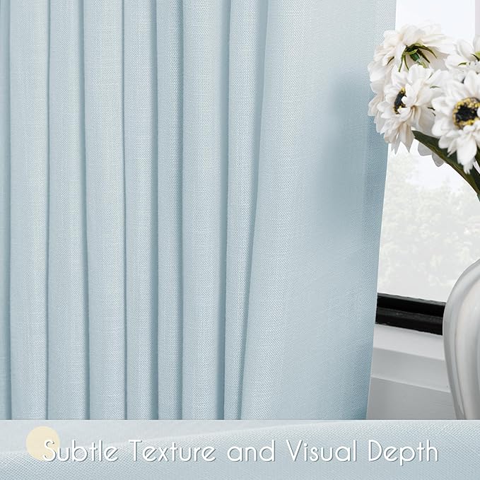Sky Blue Curtains 84 inch Length for Bedroom Back Tab Light Filtering Semi Sheer Blue Living Room Curtains Linen Cotton Textured Drapery Panel Aesthetic Decor Light Blue 52x84