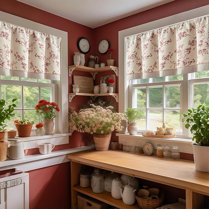 jinchan Linen Valance Curtains for Windows 16 Inch Christmas Decorations Floral Double Layer Kitchen Valance Room Darkening Cottagecore Farmhouse Flower Window Treatment 1 Panel Maroon Red on Linen