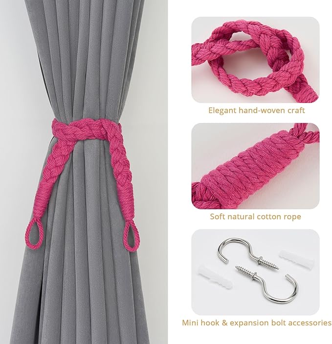 NICEEC 2 Pack Natural Cotton Rope Curtain Tiebacks Elegant Boho Style Decorative Drape Tie Backs Soft Hand-Woven Rope Curtain Holdbacks with Metal Hook for Home & Office Drapery (Rose Red)