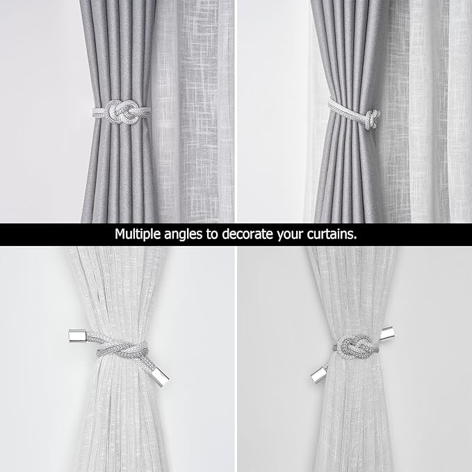 NICEEC 4 Pack Mini Magnetic Curtain Tiebacks Nordic Simple Style Drape Tie Backs Elegant Hand Weave Rope Knot Decorative Curtain Holdbacks for Home & Office Thin Window Drapery (Grey & White)