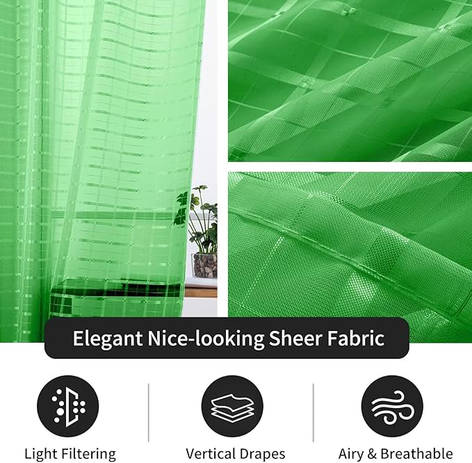 SpaceDresser Check Sheer Curtains 72 Inches 2 Panels Set, Rod Pocket Plaid Window Curtain for Living Room, Green Semi Sheer Drapes for Kitchen Bedroom Children Room Yard（Green, 52W x 72L）