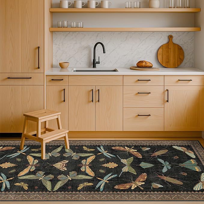 2x7 Black Non Slip Entryway Runner Rug, Boho Washable Runner for Hallway, Kitchen, Mudroom, Laundry Room, Nature Insect Low Pile & Soft Carprt, Vintage Indoor Décor