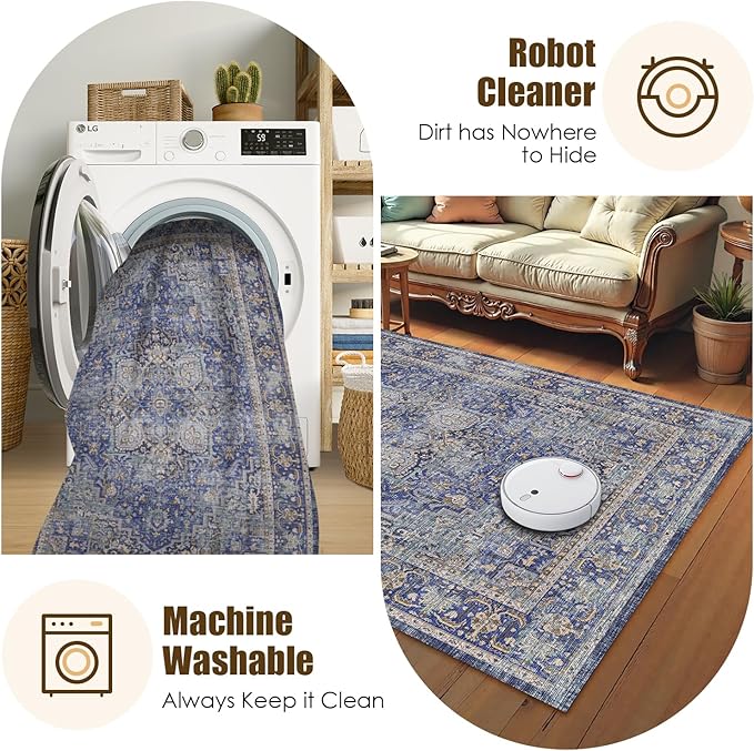 Washable Area Rug 9' x 12' Vintage Traditional Persian Mat - Foldable Distressed Non-Slip Machine Washable Carpet for Living Room Bedroom Kitchen Home Decor - Indigo and Gold