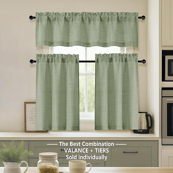 OVZME Green Valance for Windows, Light Filtering Faux Linen Textured Small Short Valance Kitchen Curtain, Dual Rod Pocket Top Short Window Curtain for Bathroom Basement Farmhouse, 1 Piece, 52Wx16L