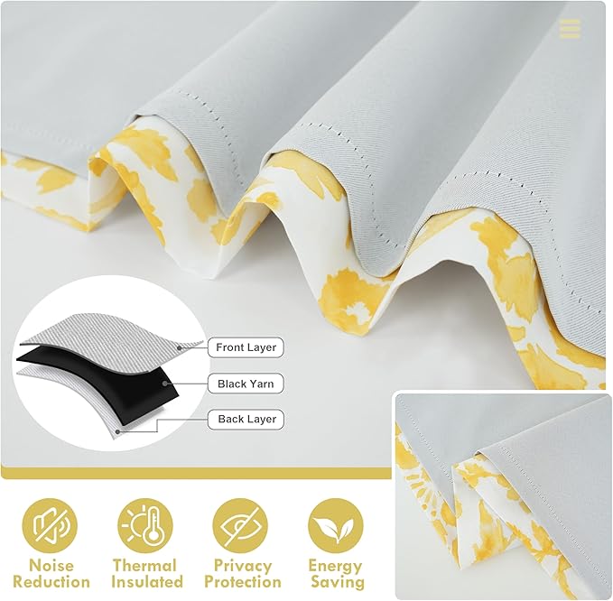 DriftAway Julia Watercolor Blooming Flower Floral Lined Thermal Insulated Window Curtain Valance Rod Pocket 52 Inch by 18 Inch Plus 2 Inch Header Yellow 1 Pack