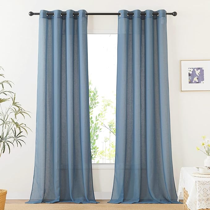 NICETOWN Linen Sheer Stone Blue Curtains 108 inch Long for Living Room, Grommet Semi Sheer Linen Blend Curtains & Drapes Privacy with Light Filtering for Nursery/Laundry, W52 x L108, 2 Panels