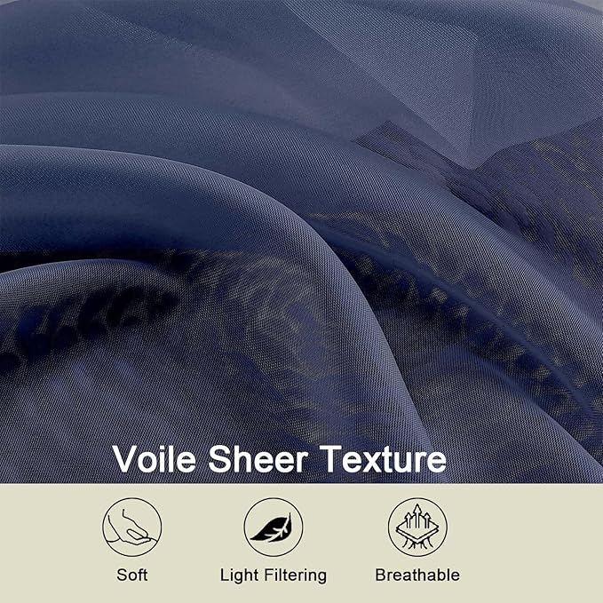 Sheer Navy Blue Curtains for Bedroom Living Room 90 Inches Long 2 Panels Set, Soft Airy Light Filtering Sheer Window Treatments, Modern Rod Pocket Curtains Drapes, Each 42" Wx90 L Inch
