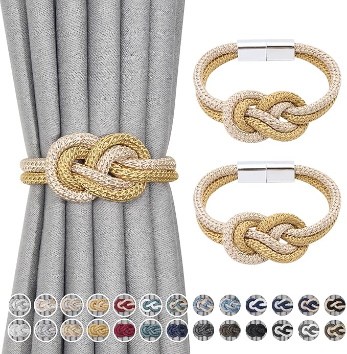 NICEEC 2 Pack Mini Magnetic Curtain Tiebacks Nordic Simple Style Drape Tie Backs Elegant Hand Weave Rope Knot Decorative Curtain Holdbacks for Home & Office Thin Window Drapery (Gold & Beige)