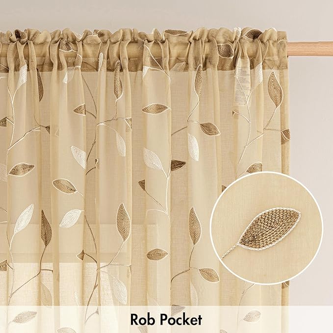 MIULEE Khaki Sheer Curtains 2 Panels Embroidered Leaf Patterned Rod Pocket Floral Semi Sheer Faux Linen Short Window Curtains Drapes Set for Kitchen Bathroom Cafe, 30x24 Inches Length