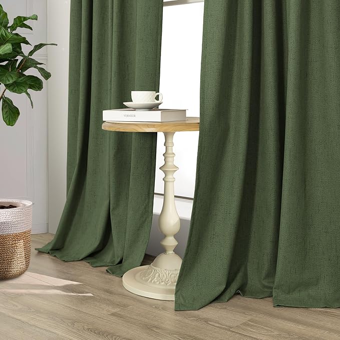 Pitalk Olive Green Blackout Curtains 63 Inch Length 2 Panel for Boys Bedroom Kids Nursery Decorative Linen Room Darkening Grass Forest Green Curtains Sound Draft Cold Heat Light Blocking Retro Vintage