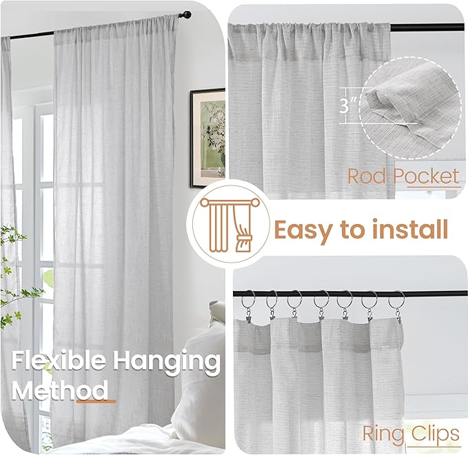 BGment Light Grey Linen Curtains 96 Inch Length for Living Room, Extra Long Window Drapes Lightweight Rustic Semi Sheer Textured for Bedroom Rod Pocket, 2 Panels Set, 52 Inch Wide