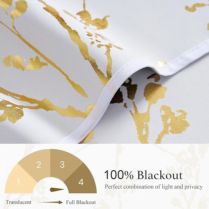 NICETOWN White Blackout Floral Kitchen Valances for Windows, Gold Foil Flower Shadow Printed Scalloped Drapes 18 Inch Length with Rod Pocket for Bathroom, W42×L18, 1 Panel