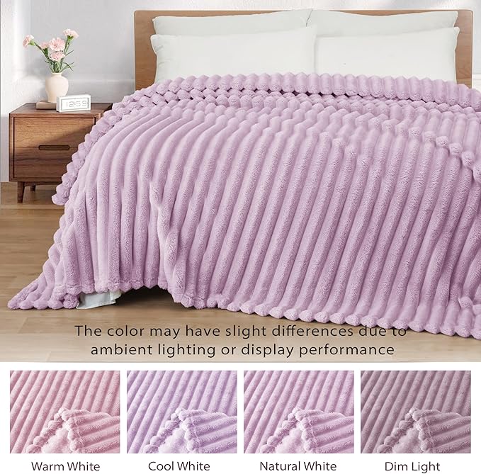Exclusivo Mezcla Fleece Throw Blanket for Couch, Super Soft Striped Jacquard Bed Blanket, Lightweight Fuzzy Cozy for All Seasons, 50x60 Inches, Lilac Purple