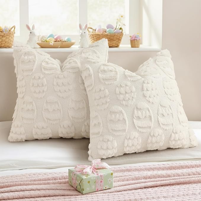 decorUhome Easter Cream White Egg Pillow Covers 20x20 Inch Set of 2, Soft Plush Faux Wool Jacquard Cushion Covers, Farmhouse Neutral Fuzzy Spring Easter Holiday Decor for Couch Sofa Bed
