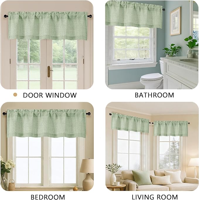 OVZME Valance for Windows, Light Filtering Faux Linen Textured Small Short Valance Kitchen Curtain, Dual Rod Pocket Top Short Window Curtain for Bathroom Basement Farmhouse, 52Wx12L Inch, Sage Green