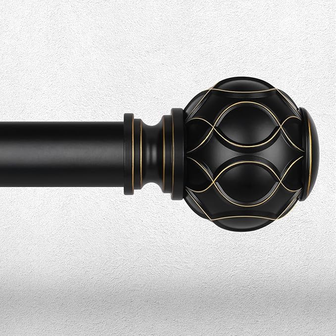Black Curtain Rod, Heavy Duty 1 Inch Decorative Curtain Rods for Windows 48 to 84 Inch, Single-Side Adjustable Vintage Rustic Matte Black Drapery Pole Set with Boho Netted Texture Finials