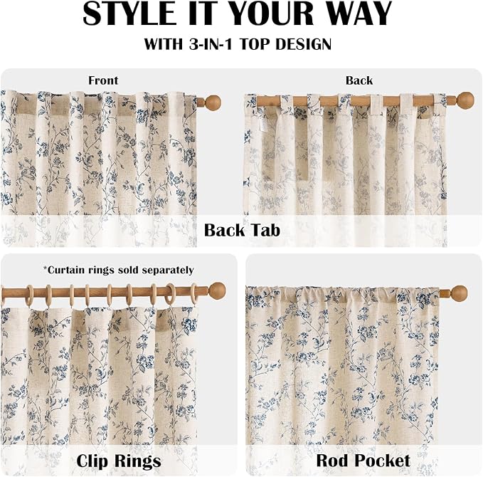 Lazzzy Linen Farmhouse Curtains Blue Floral Curtains 63 Inch Length Back Tab Drapes for Living Room Bedroom Light Filtering Country Vintage Rod Pocket Curtain, 2 Panels, Blue on Beige
