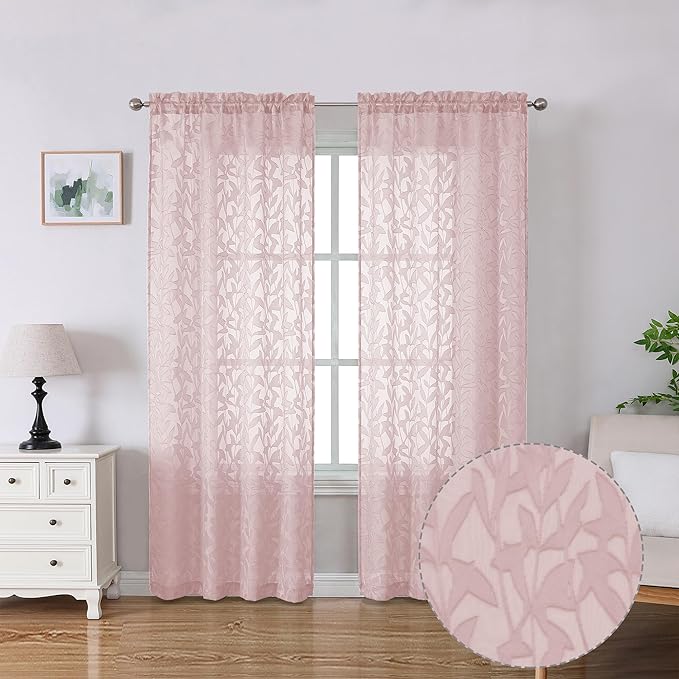 Lecloud Leia Semi Sheer Pink Curtains for Girls Bedroom 72 Inches Length 2 Panels, Airy & Breathable Clip Textured Leaf Voile Blush Curtain with Dual Rod Pockets, Living Room Window Drapes, 38x72 Inch