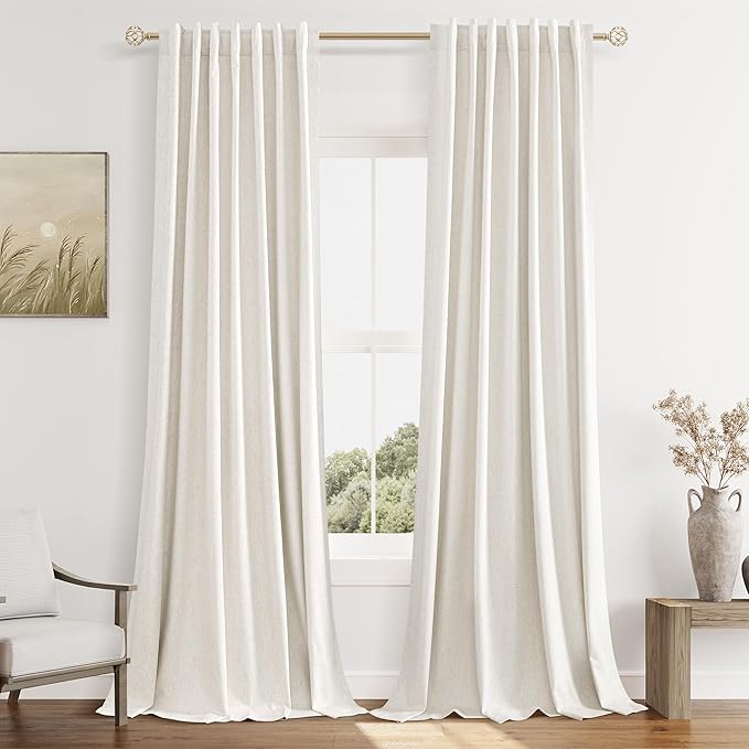 Beige White 100% Blackout Linen Curtains 108 Inch Length 2 Panels Set for Living Room Bedroom Back Tab Thermal Insulated Black Out Drapes Room Darkening Farmhouse Style for Bedroom Window Curtains