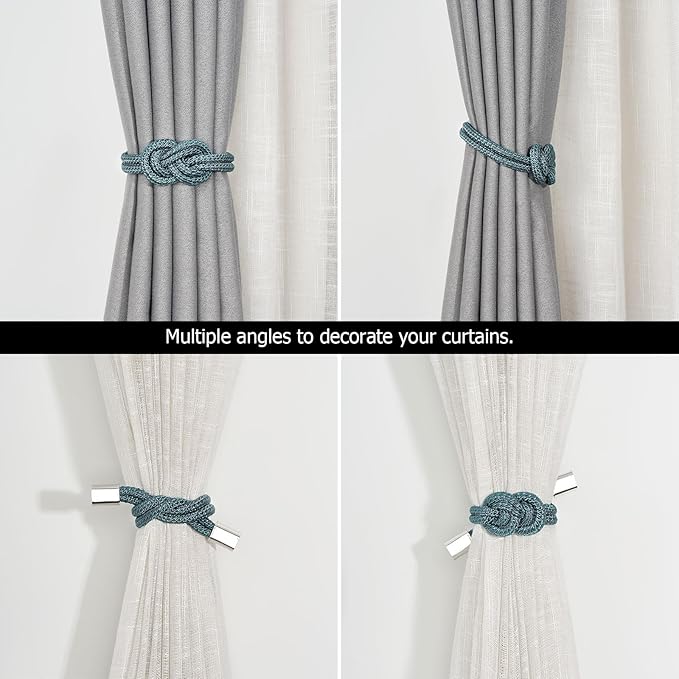 NICEEC 2 Pack Mini Magnetic Curtain Tiebacks Nordic Simple Style Drape Tie Backs Elegant Hand Weave Rope Knot Decorative Curtain Holdbacks for Home & Office Thin Window Drapery (Teal)