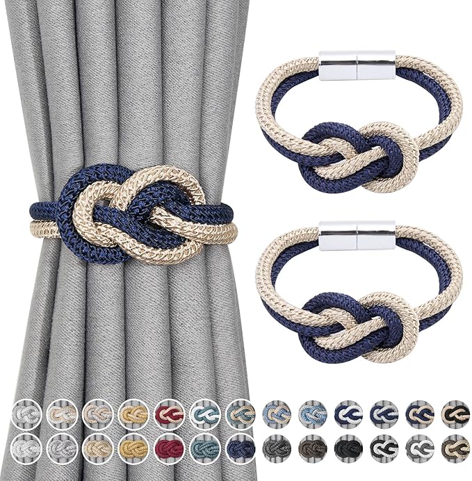 NICEEC 2 Pack Mini Magnetic Curtain Tiebacks Nordic Simple Style Drape Tie Backs Elegant Hand Weave Rope Knot Decorative Curtain Holdbacks for Home & Office Thin Window Drapery (Dark Blue & Beige)