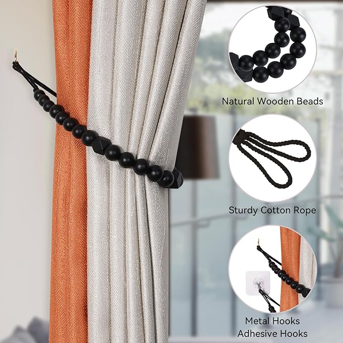 Wood Bead Curtain Tiebacks, KLOGTSIND Set of 6 Curtain Holdbacks for Thin or Thick Window Draperies, Boho Farmhouse Curtain Tiebacks with Hooks, Curtain Tie Backs for Home Office Room Decor