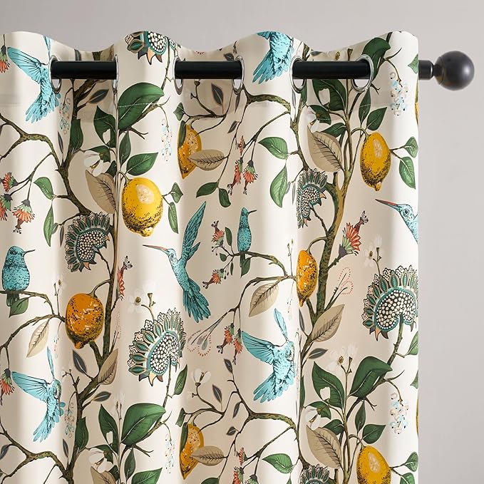 Topfinel Beige Vintage Floral Curtains 84 Inch Long Luxury Whimsical Euro Flower Lemon Hummingbird Patterned Waverly Mid Century Colorful Blackout Drapes for Living Room Bedroom