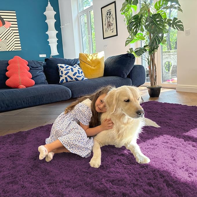 OLANLY 5x8 Machine Washable Large Area Rugs for Living Room, Bedroom, Soft Fluffy Shaggy Bedside Rug, Indoor Floor Carpet for Kids Girls and Boys, Dorms, Nursery, Home Decor Aesthetic, Dark Purple