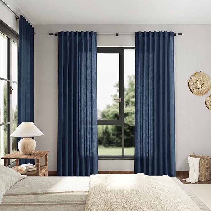 Nanspring Denim Blue Linen Curtains 96 Inches Long 2 Panels Set for Living Room Rod Pocket Back Tab Semi Sheer Light Filtering Protect Privacy Denim Blue Curtain for Bedroom Floor Length 52x96