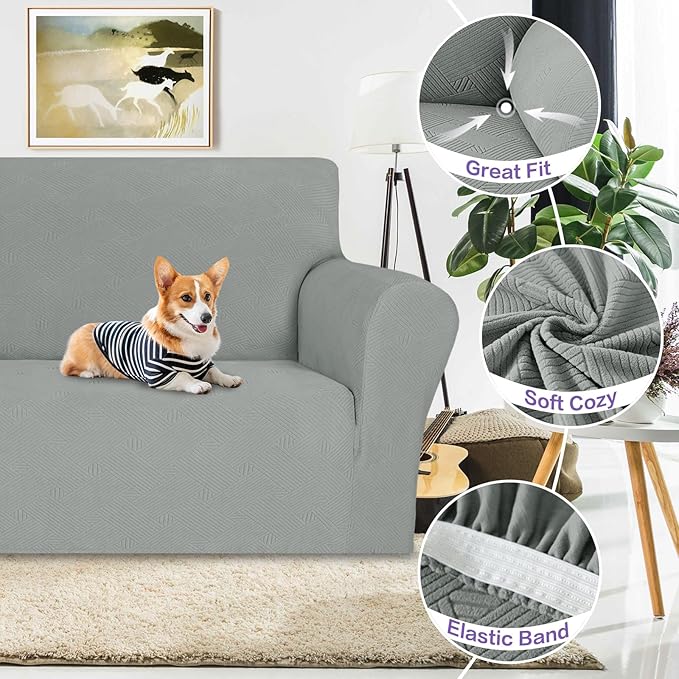 ZNSAYOTX Super Stretch Loveseat Covers (57"-70"), New Striped Love Seat Slipcover, Dogs Pet Friendly Anti-Slip Couch Protector Spandex Durable 2 Seater Fabric Sofa Cover(Light Grey, Loveseat)