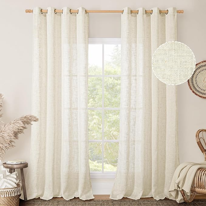 LAMIT Cream 90 Inch Long Linen Sheer Curtains 2 Panels Set for Living Room, Soft Thick Bronze Grommet Window Drapes Light Filtering Panels for Bedroom/Farmhouse, 52 x 90 Inch, Cream Ivory