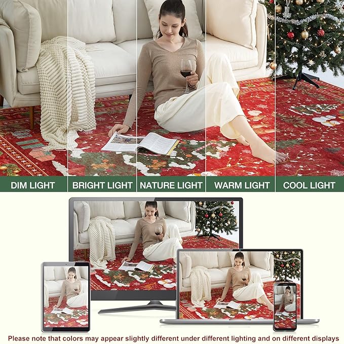 UERMEI Christmas Area Rug Living Room Rugs: 4x6 Neutral Modern Washable Festive Soft Thin Non-Slip Indoor Carpet for Bedroom Dining Table and Home Office Holiday Decor - Red