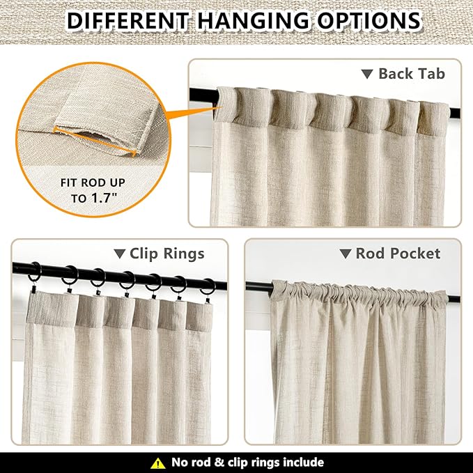 MYSKY HOME Cotton Curtains for Living Room Farmhouse Semi Sheer Light Filtering for Windows, Linen Look Texture Soft Modern Decor Country Style, 50" x 84", Light Oatmeal, 2 Panels