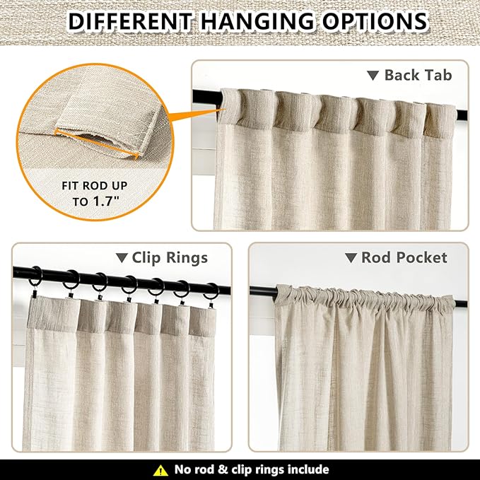 MYSKY HOME Living Room Curtains for Windows, Linen Look Texture Semi Sheers Boho Drapes Extra Long Floor Length Curtain Panels Soft Cotton Fabric, 50 x 108 Inch, Light Oatmeal, 2 PCs