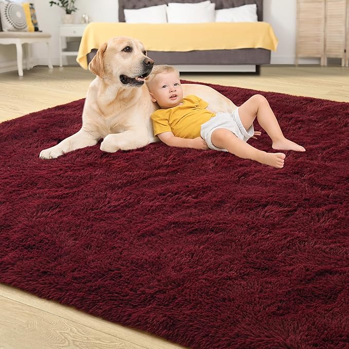 Tepook Soft Fluffy Rugs for Living Room, 5x8 Shaggy Area Rug for Bedroom, Modern Shag Rug Fuzzy Carpets for Kids, Plush Indoor Nursery Home Decor Rug with Non-Slip Bottom, Burgundy Red
