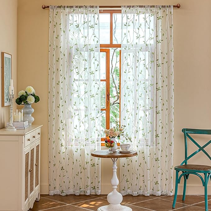 AmHoo 2 Panels Embroidered Leaf Pattern Semi Sheer Curtains Foliage Floral Voile Window Draperies Treatment for Bedroom Living Room Rod Pocket White Light Green 53 x 63 Inch